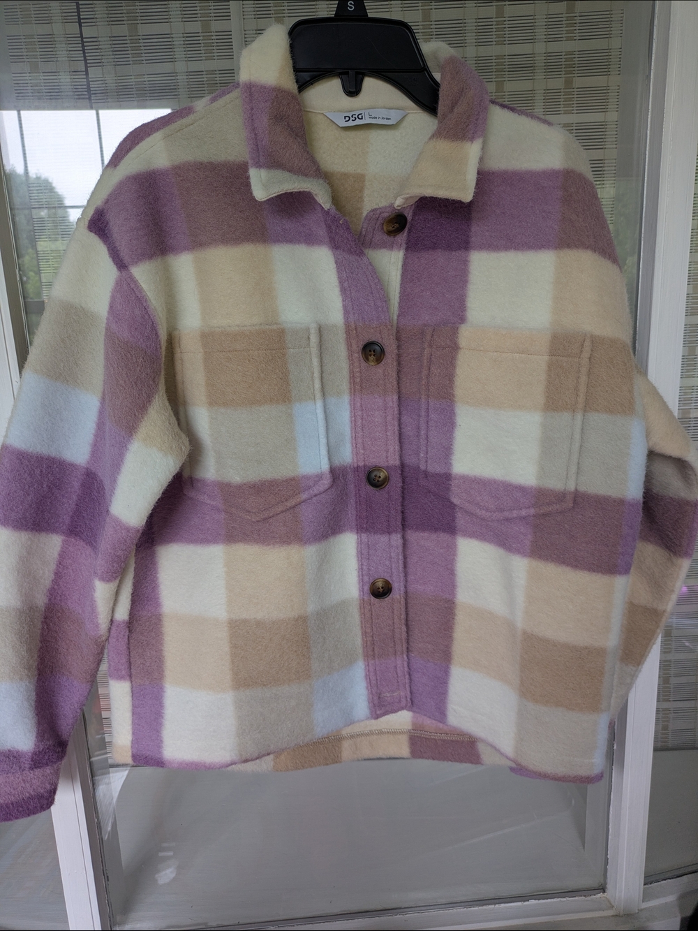 DSG Plaid Utility Shacket in Lavender, Cream and Tan